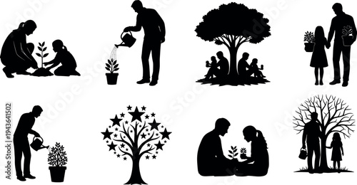 Family planting tree and gardening silhouettes collection with parents and children watering plants, caring for nature and environment isolated on white background
