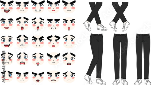 Anime character creator kit with various facial expressions and male leg poses in black pants and white sneakers isolated on white background vector illustration
