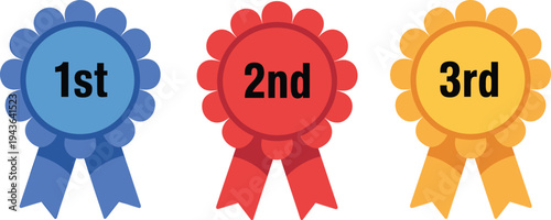 First second and third place award ribbon badges, colorful competition prize rosette icons for winner ranking vector illustration