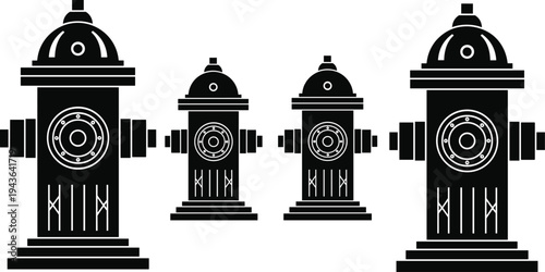 Fire hydrant silhouettes collection, urban firefighting water supply equipment icons set, emergency safety infrastructure vector illustration isolated on white