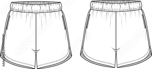 Unisex Athletic Running Shorts Technical Flat Sketch Vector Set with Elastic Waistband and Side Pockets for Apparel Design Tech Pack and Fashion Mockup