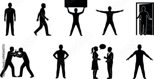 Human body silhouette set showing walking, standing, lifting box, talking, fighting, entering door and different body poses isolated on white background vector illustration