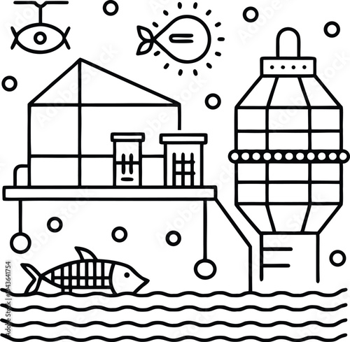 Conceptual artistic line illustration of a modern aquaculture farm, showcasing a futuristic vision of sustainable seafood production and ecosystem. 