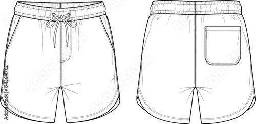 Unisex Athletic Running Shorts with Drawstring and Back Pocket Technical Flat Sketch Vector Set for Fashion Design Tech Pack and Apparel Mockup Template