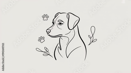 Dog portrait with flowers and leaves simple line drawing pet illustration animal design