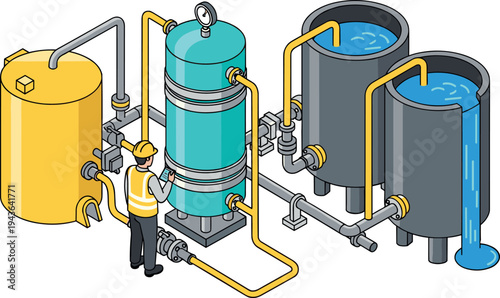 Industrial water treatment system with storage tanks, filtration equipment, pipelines and engineer operator vector illustration isolated on white background for wastewater and plant processing design