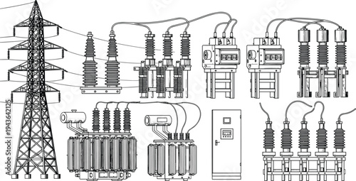Industrial electrical substation components and transmission tower line art illustrations, high voltage transformer vector silhouettes, energy grid infrastructure icons for engineering and utility pow