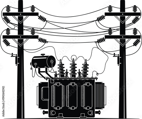 High voltage electrical transformer and power line poles vector illustration, industrial electricity distribution grid silhouette icons for energy engineering an
