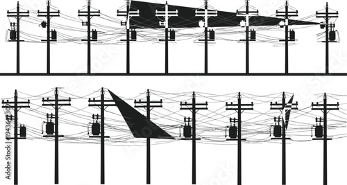 Vector black electrical infrastructure set with high voltage power lines transmission towers street lamps and utility poles isolated on white background for industrial concept.