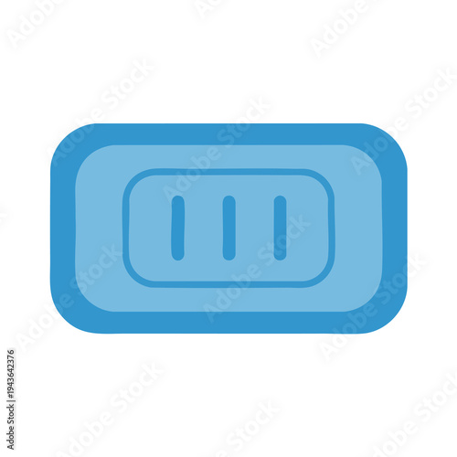 A simple, blue, rectangular bar of soap with rounded edges and three vertical indentations