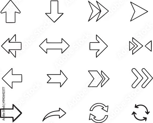 Set of outline arrow icons representing various directions and actions for digital interfaces and web design elements such as forward back select and move