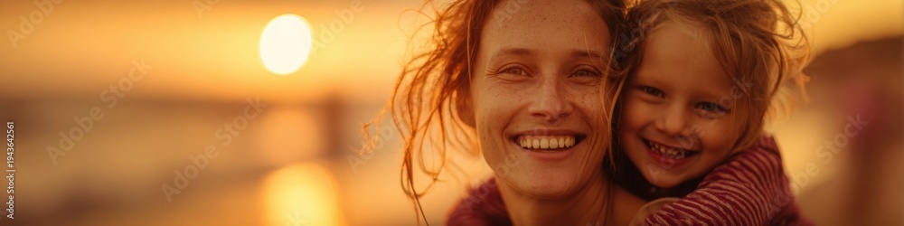 Naklejka premium Happy Mother Giving Piggyback Ride to Her Daughter on a Beach at Sunset, Smiling Family Bonding during Summer Vacation with Copy Space for Travel Branding