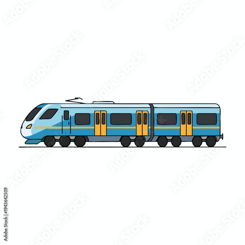 A blue and yellow multi-car train with visible windows and doors on a white background