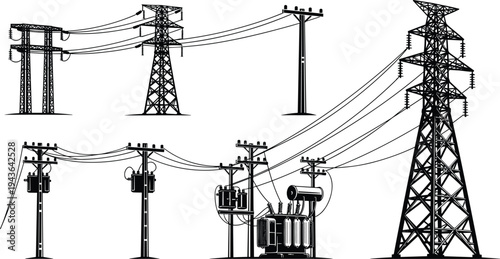 Vector black family silhouette jumping children dog breeds and human head profile set with electrician and street lamp icons isolated on white background.