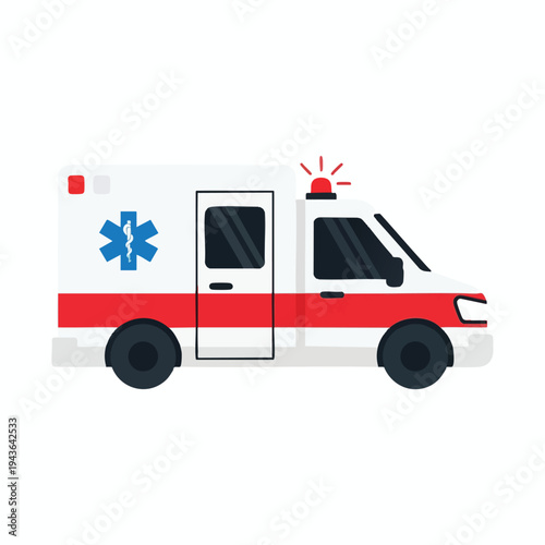 A graphic illustration of a white ambulance with red stripes and a blue star of life emblem