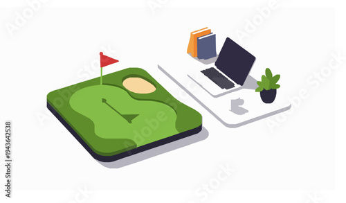 Miniature office desk golf course vector illustration for workspace fun