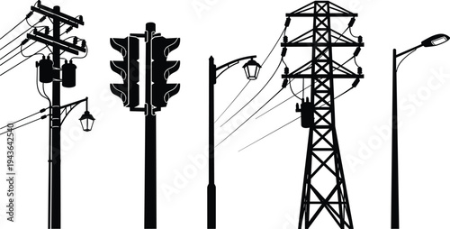 Vector black electrical infrastructure set with high voltage power lines transmission towers street lamps and utility poles isolated on white background for industrial concept.