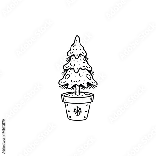 Hand drawn illustration of a small potted Christmas tree.