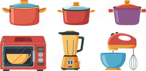 Kitchen cookware and appliances illustration set with cooking pots microwave blender and mixer, home cooking equipment isolated vector collection