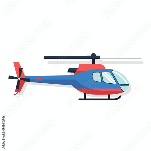 Red and blue rotorcraft flies with two blades, landing gear, and shadowed outline