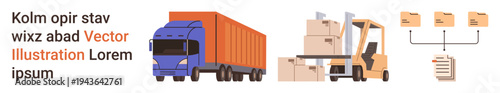 Supply chain, freight transport, inventory management, file storage, distribution networks, warehouse systems. Freight truck, forklift with boxes and file flow diagram. Supply chain and freight