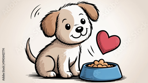 Cute puppy sitting by dog food bowl with heart symbol expressing love and hunger