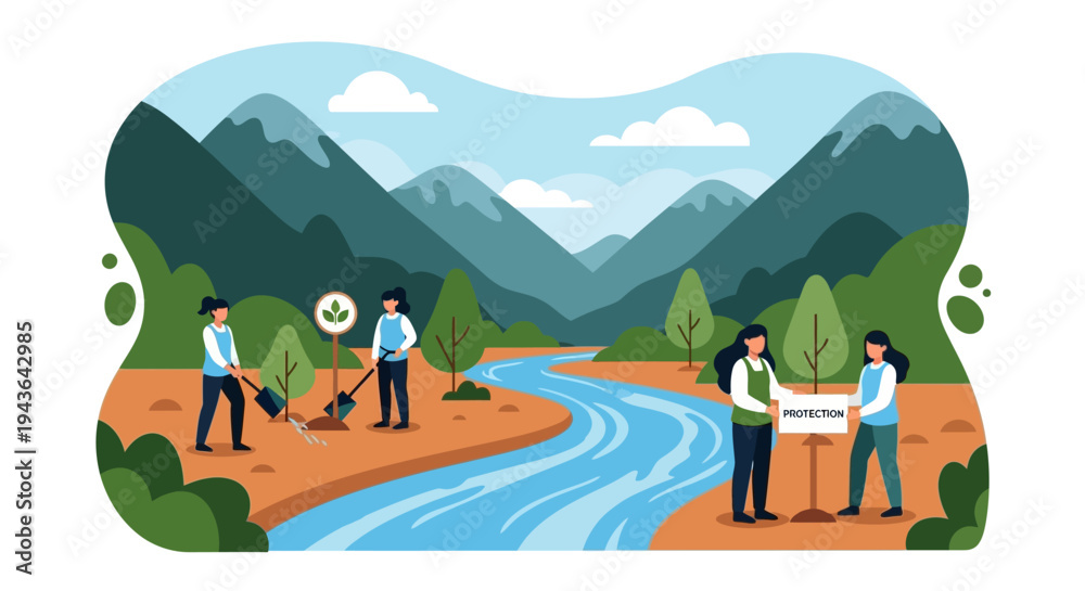 Fototapeta premium People planting trees near river with mountains in background for eco initiative