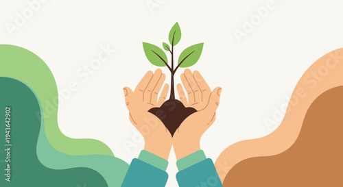 Hands cradling a small green plant with soil and leaves, symbolizing growth and care.