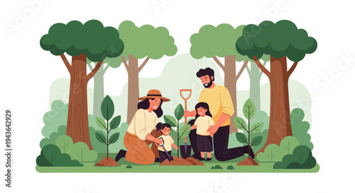 Family planting tree together outdoors in forest with kids and parents