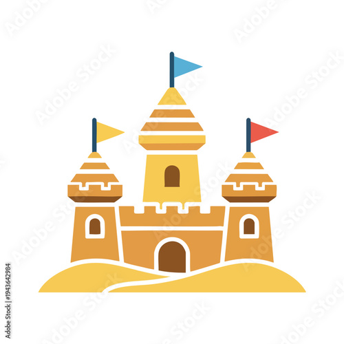 Stylized yellow castle with three towers and flags on a sandy hill