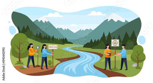 People hold signs by a river in a natural landscape with mountains and trees