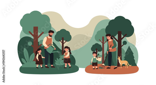 Family spends quality time together outdoors in nature with children and dog