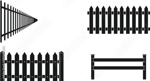 Black fence design illustration, different styles perspective view, architectural element artwork, picket fence drawing, simple fence structure, decorative boundary design concept