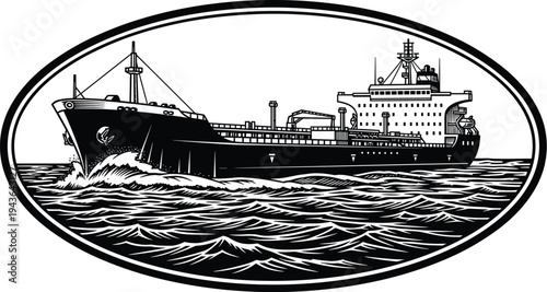 Cargo ship illustration artwork, large tanker vessel design, maritime transportation emblem, ocean waves drawing, industrial shipping concept, black and white nautical artwork