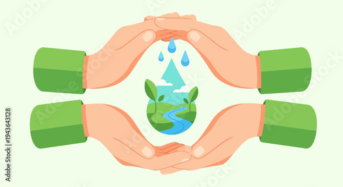Four hands holding a green earth with water droplets and leaves, symbolizing global care.