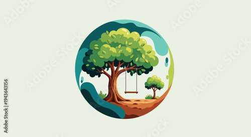 An illustration of a tree with a swing hangs from its branch in a natural outdoor setting with another tree.