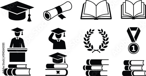 Education and graduation icon set with diploma, books, academic cap, student, medal and laurel wreath, vector illustration collection