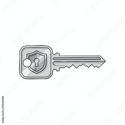 Silver key with a shield and keyhole symbol for security