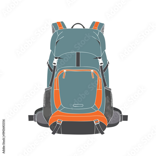 Gray backpack with orange accents and mesh pockets, front view