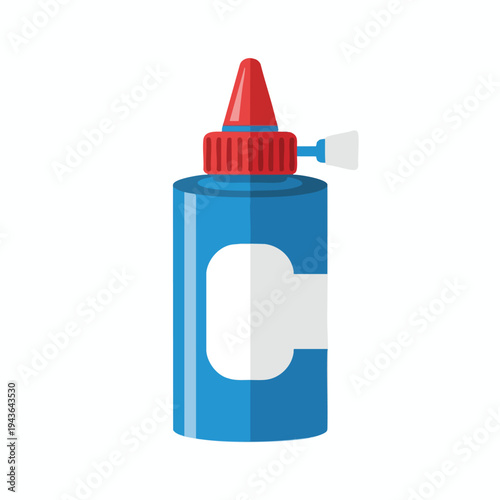 Blue bottle with red cap, white label, and applicator, isolated on white