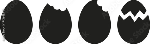 Egg silhouette icon set with whole egg, bitten egg and cracked eggshell shapes, minimal black vector illustration isolated