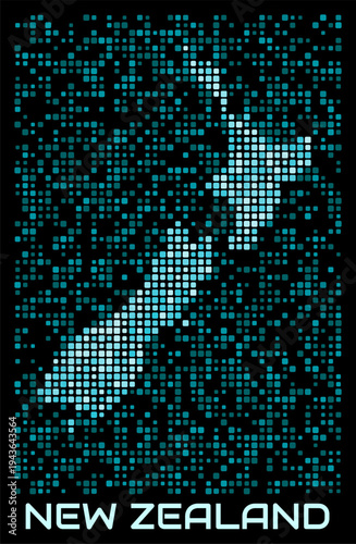 New Zealand digital dotted map. Shape of the country in cyan color palette on dark background. Futuristic New Zealand map design. Vector illustration.
