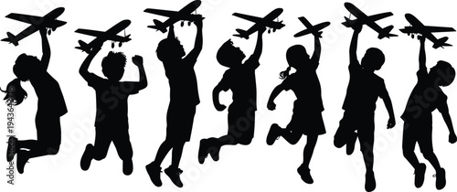 Silhouette of happy children jumping with toy airplanes, playful childhood imagination concept, kids dreaming of aviation career and travel adventure isolated on white background