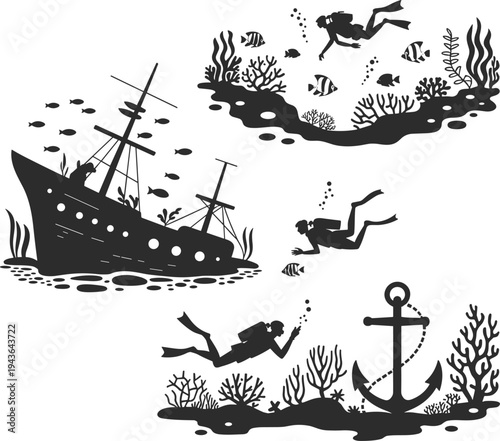 underwater, scuba, diving, shipwreck, ocean, coral, reef, marine, life, diver, exploration, anchor, fish, seabed, silhouette, adventure, deepsea, wreck, diving, illustration