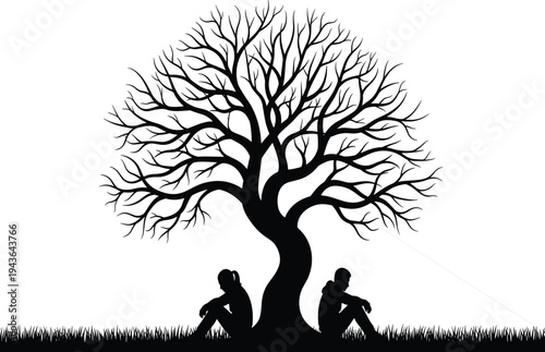 Silhouette of Sad Couple Sitting Back to Back Under a Bare Tree Representing Loneliness, Relationship Breakup, Depression, and Emotional Divorce