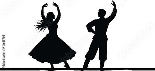 Silhouette of traditional folk dancers performing ethnic Russian dance in national costumes with blowing hair isolated on white background for cultural heritage concepts