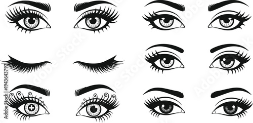 Stylized female eyes and eyebrows collection, beauty makeup eye expressions with eyelashes fashion cosmetic design vector illustration set isolated