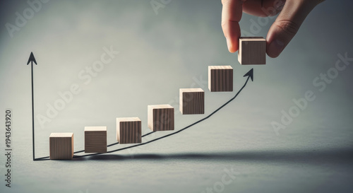 Building Blocks Arrange Increasing Bar Graphs With Hand Adding Top Level For Business Growth Strategy Success Concept