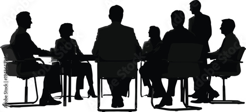 Silhouettes of diverse business professionals in corporate board meeting, executive team discussion, leadership presentation and strategic planning session isolated on white background