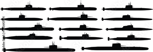 Submarine silhouettes collection, military navy underwater vessels set, maritime warship transport icons vector illustration isolated on white background